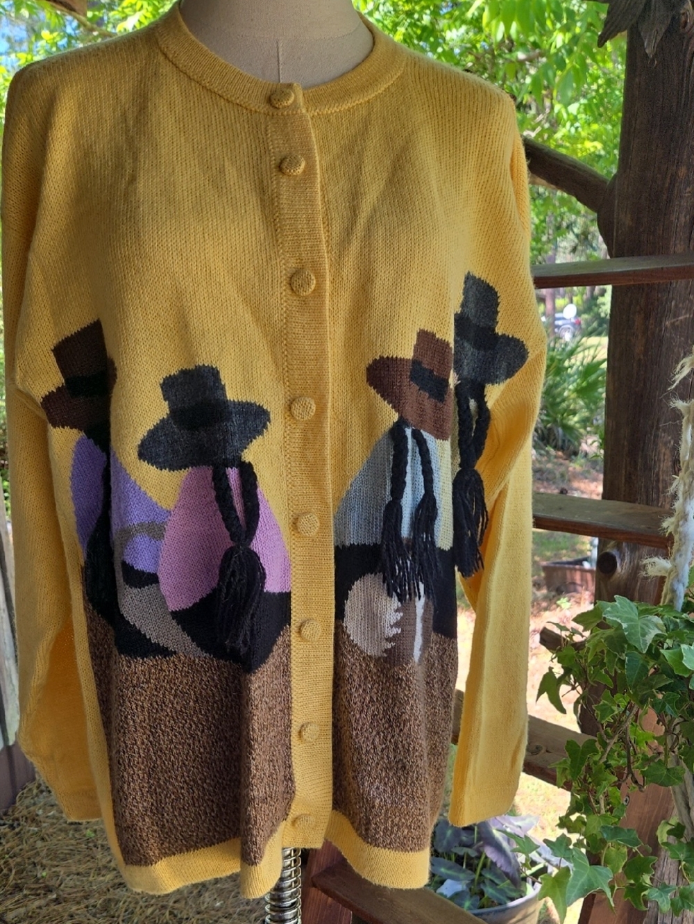 Yellow Wool Alpaca Cardigan With Peruvians W Hats And Long Yarn Braids